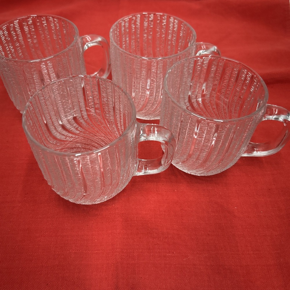 Set Of 4 Vintage Seabreeze Arcoroc Swirl Glass Mugs Cups